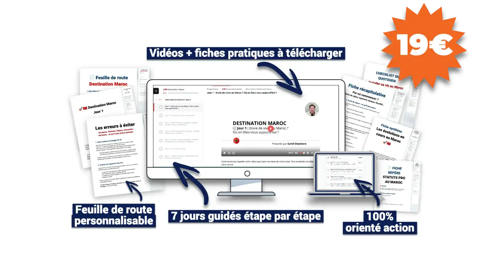 destination-maroc-programme-installation-en-7-jours Visuel du programme Destination Maroc avec vidéos, fiches pratiques et feuille de route pour préparer son installation au Maroc en 7 jours