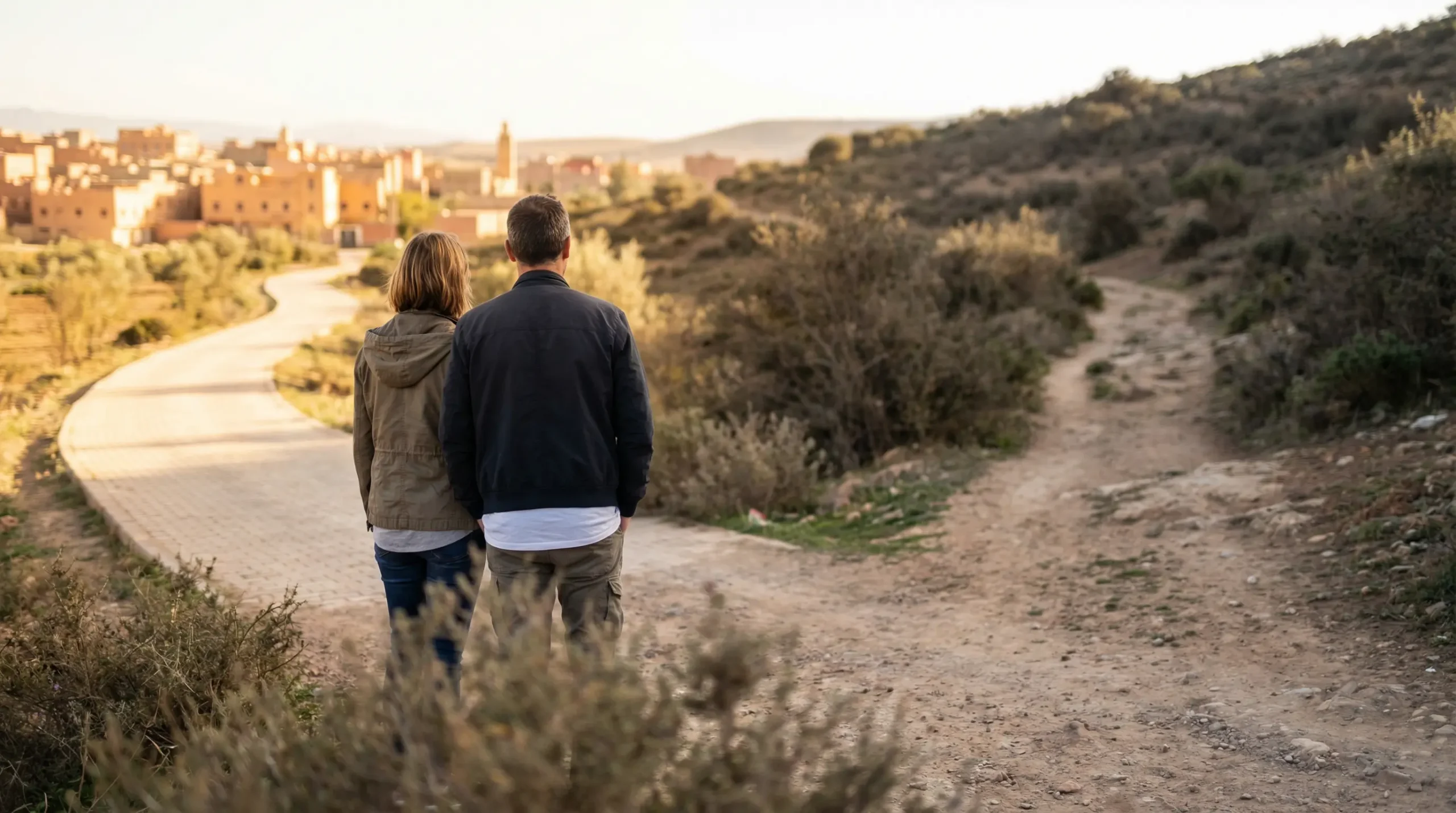 Couple face à deux chemins symbolisant le choix entre improviser ou préparer son installation au Maroc avec Objectif Maroc