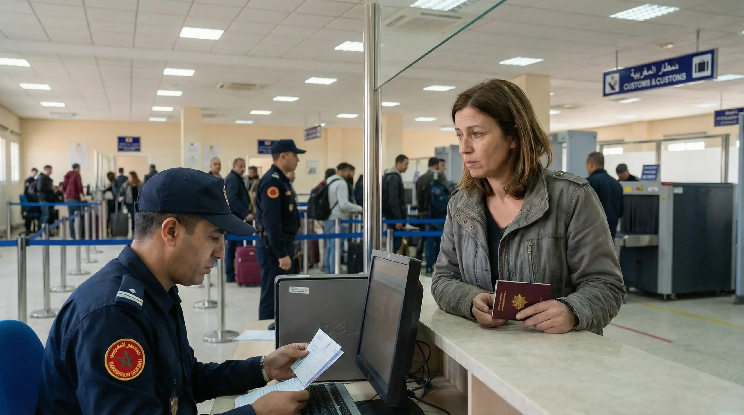 Contrôle à la douane de l’aéroport au Maroc après dépassement des 90 jours autorisés pour une touriste européenne.