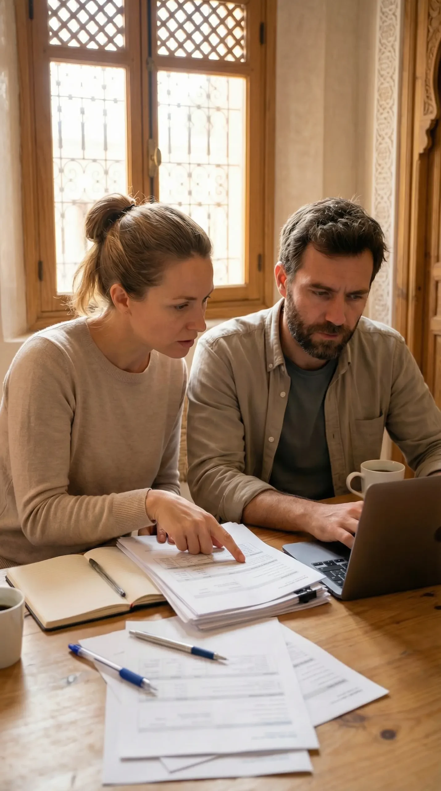 Couple préparant son installation au Maroc en analysant des documents administratifs et un budget avant le départ